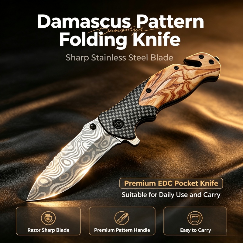 Edc Carry Pocket Knife - Damascus patroon vouwmes, scherp roestvrijstalen lemmet,